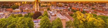 Aerial view of a city with historic buildings and trees in warm evening light.