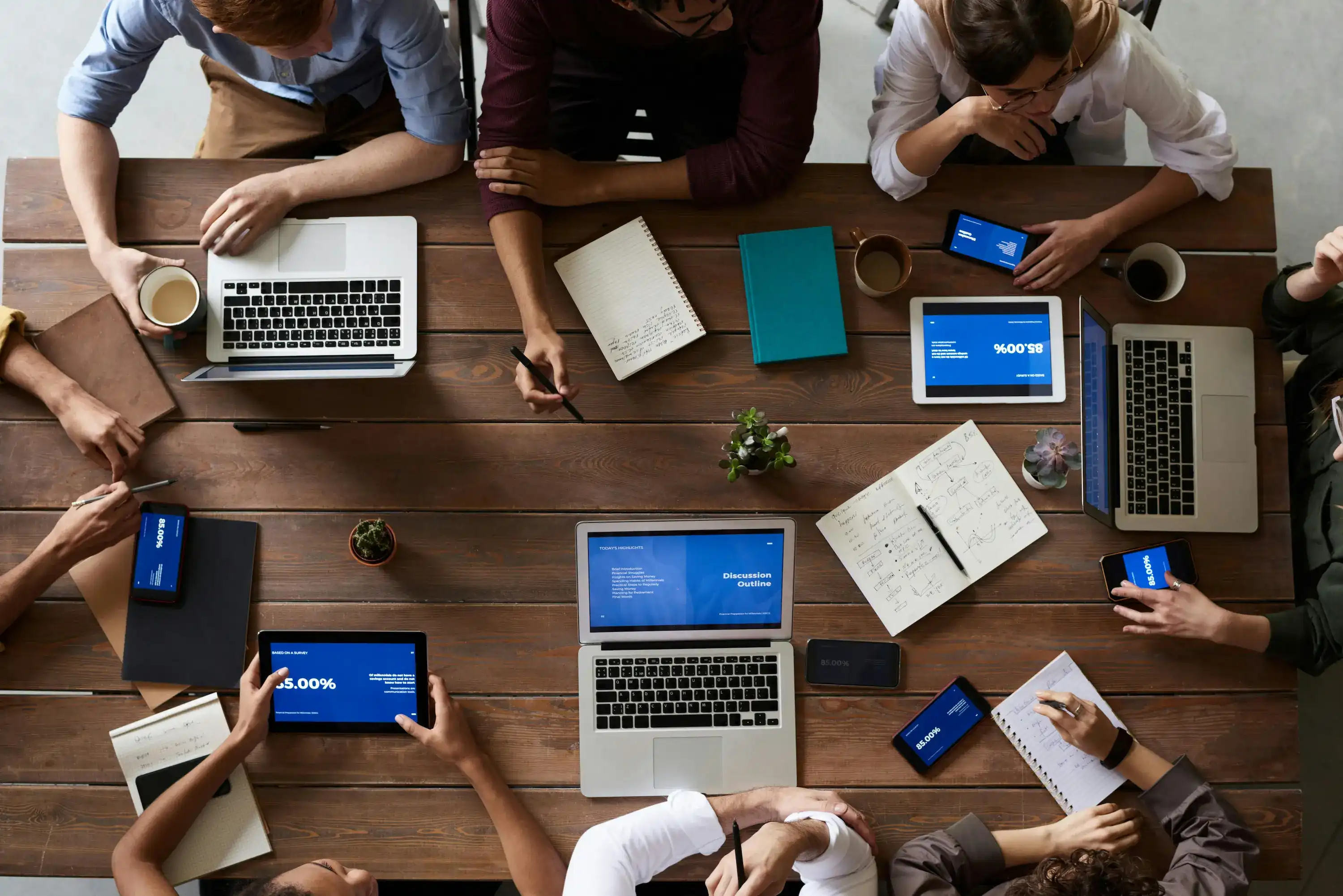 Team meeting around a table with laptops, tablets, notes and coffee.