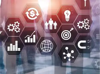 Business growth icons shown across a digital dashboard graphic.